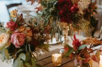 bright fall wedding centerpieces with blush and peachy peony roses and peonies, dahlias, mums, greenery are chic