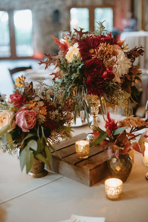 bright fall wedding centerpieces with blush and peachy peony roses and peonies, dahlias, mums, greenery are chic