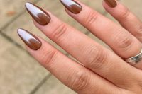 chrome brown nails, with an almond shape and long ones, will be great for a fall bridal look, they will add a touch of color