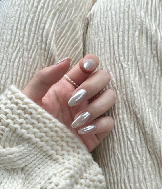 grey almond-shaped glazed donut nails are amazing for a wedding, this is a neutral shade that always works