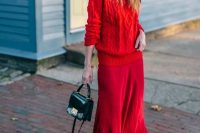 a casual winter guest look with a red sweater, a red slip midi skirt, grey suede boots and a black bag