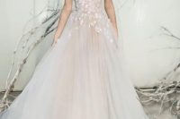 02 blush tulle ballgown with an illusion bodice and white floral appliques on the shoulders and bodice