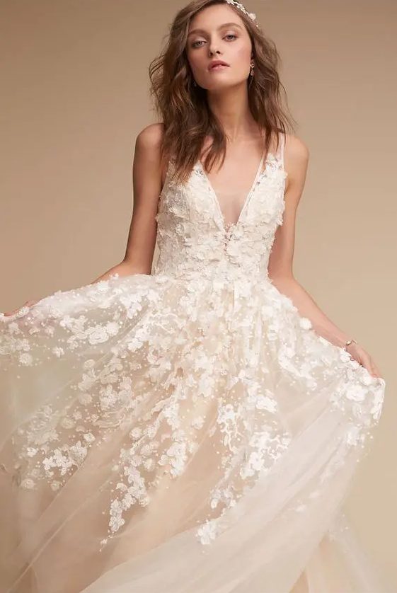 sheer tulle panel at the neckline and a dreamy ball skirt silhouette with white floral appliques