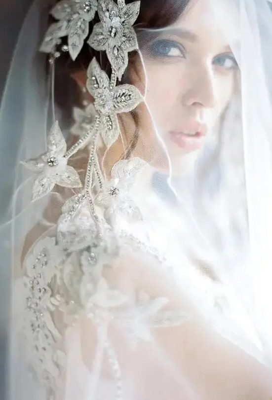 a sheer veil adorned with silver flower applique and crystals is a very sophisticated and beautiful idea