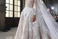08 a romantic ballgown with elegant illusion sleeves and 3D floral appliques all over