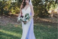 10 a modern plain mermaid wedding dress with spaghetti straps and an ombre white blue veil for a bold look