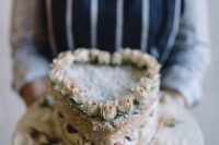 10 a naked heart-shaped wedding cake with fresh roses on top is a very cool idea for a garden wedding