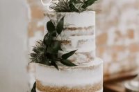 14 a chic naked wedding cake with greenery, thistles, a chic gold topper for a modern wedding