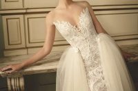 15 a strapless lace sheath wedding dress of lace and a tulle overskirt – looks refined and gorgeous