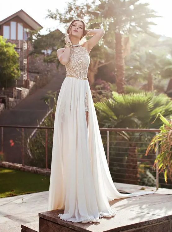 a short lace gold and white dress with a plain overskirt with a slit for the ceremony