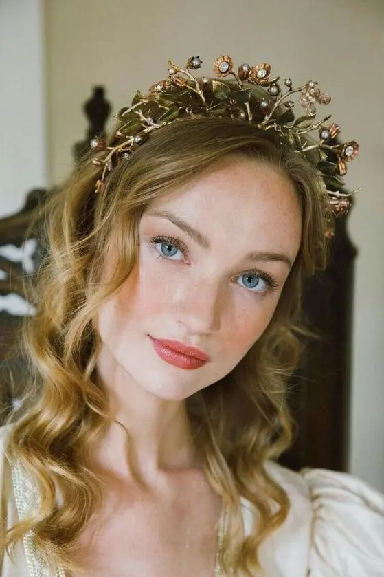 A creative botanical bridal tiara with rhinestones will be an amazing idea for a fairy tale or botanical wedding