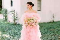 30 a dreamy pink off the shoulder tulle ruffle wedding dress is a gorgeous idea for a super sweet bridal look