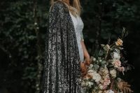 40 a black sequin bridal capelet will add color and a sparkle to the look and will make it glam, chic and refined