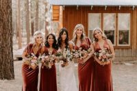 beautiful and refined burnt orange velvet maxi bridesmaid dresses with trains are adorable for a summer or fall boho wedding