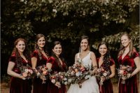 beautiful deep red velvet A-line maxi bridesmaid dresses with V-necklines and short sleeves are super cool