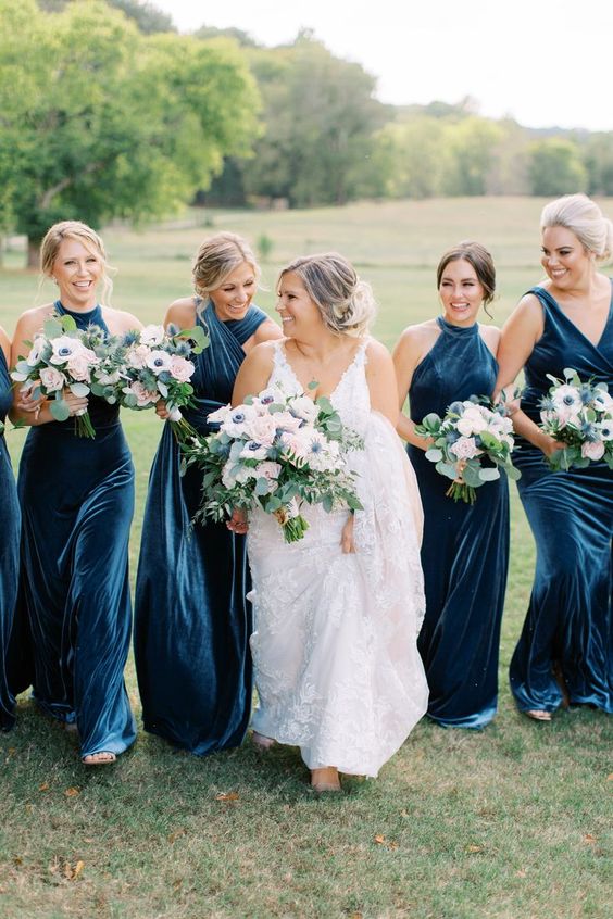 beautiful mismatching blue velvet maxi bridesmaid dresses look very stylish and will do for many weddings