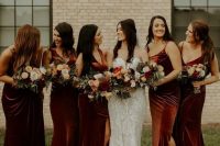 burgundy velvet maxi bridesmaid dresses with spaghetti and thick straps and side slits for a cozy fall wedding