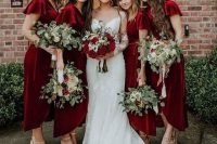 deep red wrap velvet midi dresses with short sleeves and asymmetrical skirts are very chic and statement-like