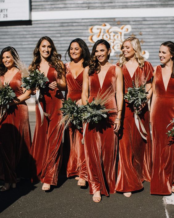 fantastic burnt orange maxi bridesmaid dresses that are mismatching will be great for a fall wedding