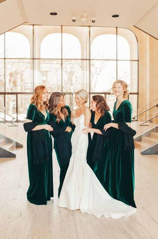 gorgeous emerald velvet maxi bridesmaid dresses with V-necklines and short sleeves look bold and chic