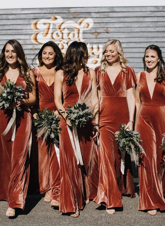 mismatching burnt orange velvet maxi bridesmaid dresses look chic, refined and incredibly beautiful and will add color to your wedding