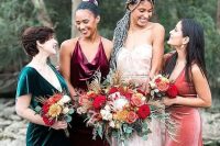 mismatching jewel-tone velvet maxi bridesmaid dresses are amazing for a bright fall wedding