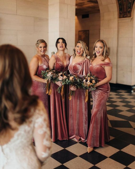 pretty mismatching pink mermaid bridesmaid dresses are amazing for a summer to fall or fall wedding