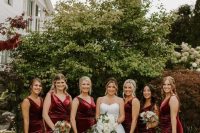 refined burgundy velvet mermaid bridesmaid dresses with thick straps are great for a fall wedding