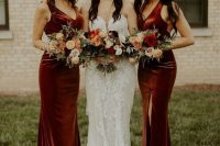 sophisticated maxi burnt orange velvet bridesmaid dresses with thick straps and thigh high slits are adorable