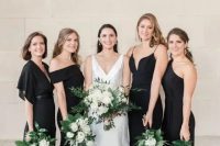 03 beautiful plain black maxi bridesmaid dresses with mismatching necklines and black shoes for an exquisite and chic wedding