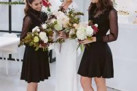 04 black knee-length polka dot dresses with pleated skirts and black shoes are great for a modern wedding