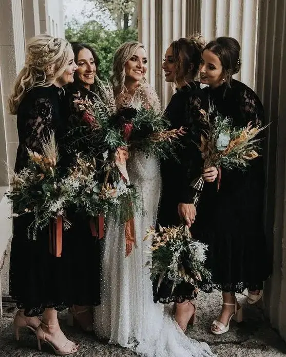 black lace midi bridesmaid dresses with high necklines, mismatching shoes for a modern and chic boho wedding