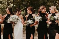 06 black maxi bridesmaid dresses with halte rnecklines, thigh high slits, black shoes for a super elegant and exquisite weddings