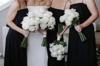 08 chic modern black midi A-line bridesmaid dresses with spaghetti straps and black strappy shoes for a minimalist wedding