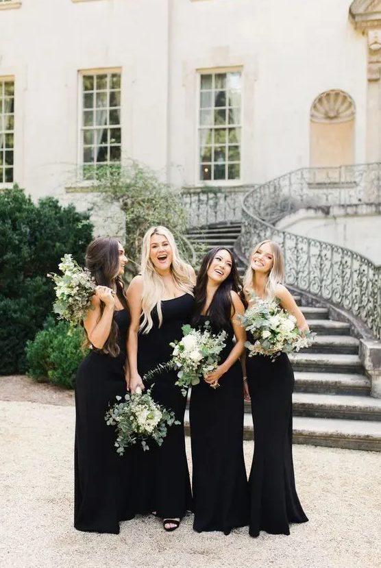 elegant mistmatching black maxi bridesmaid dresses are a timeless solution for every kind of wedding