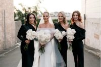 10 lovely black midi bridesmaid dresses with one shoulder neckline and a single long sleeve, black shoes for a formal wedding