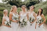 14 beautiful matching midi plain bridesmaid dresses with straps on the front and white shoes are amazing for a modern casual wedding