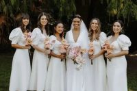 15 beautiful matching white midi bridesmaid dresses with deep necklines and puff sleeves plus white slingbacks are a very feminine idea