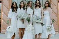 18 mismatching creamy mini and midi bridesmaid dresses will give your bridal party a fresh and edgy touch