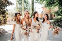 19 mismatching midi white bridesmaid dresses and nude shoes are a timeless combo for a wedding done in neutral shades