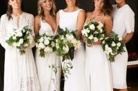 20 mismatching white midi and knee bridesmaid dresses plus silver heels are a great combo for a spring or summer wedding