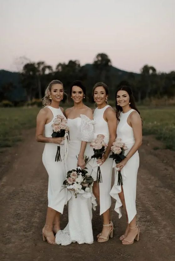 sexy minimalist halter neckline midi bridesmaid dresses and nude shoes are an ultimate combo for a modern or minimalist wedding