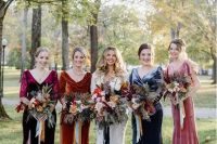 23 colorful velvet maxi bridesmaid dresses are a great idea for a fall wedding with plenty of color