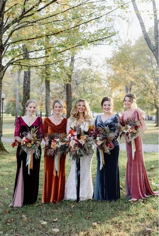 colorful velvet maxi bridesmaid dresses are a great idea for a fall wedding with plenty of color