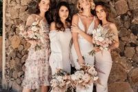 24 chic mismatching neutral bridesmaid dresses of midi length in blush and creamy plus nude shoes are spring or summer perfection