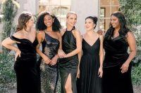 26 mismatching black velvet, satin and sequin maxi bridesmaid dresses are perfect for a glam fall or winter wedding