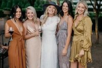 28 mismatching bridesmaid dresses in mustard, rust, blush and grey, with and without ptints are awesome
