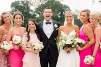 33 bridesmaids wearing light pink, hot pink and dusty pink mismatching maxi dresses look fantastic and trendy