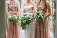 35 blush maxi dresses with halter necklines and with floral embroidery look really catchy