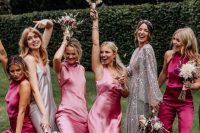 37 fuchsia, hot pink, light pink and silver mismatching bridesmaid dresses and jumpsuits for a bold wedding